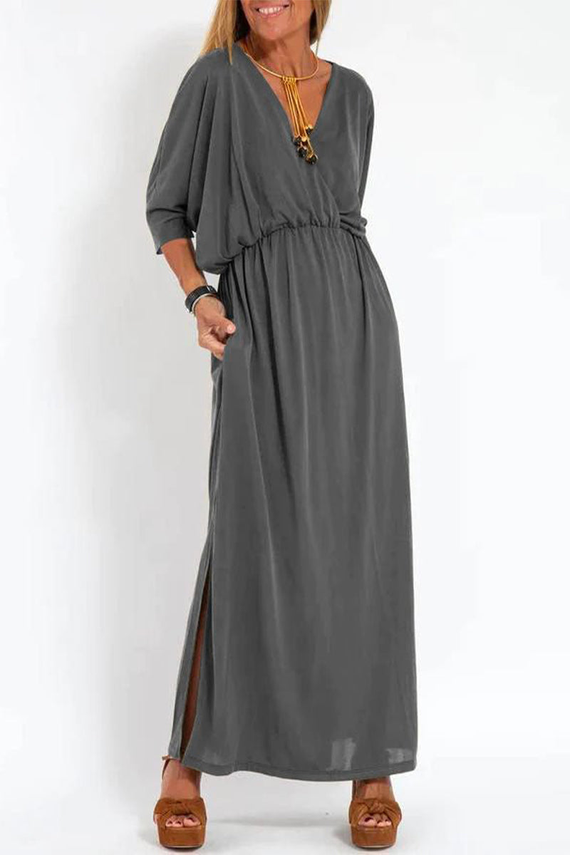 V-Neck 3/4 Sleeve Elastic Waist Pocket High Split Maxi Dress