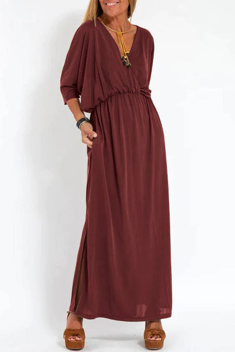 V-Neck 3/4 Sleeve Elastic Waist Pocket High Split Maxi Dress