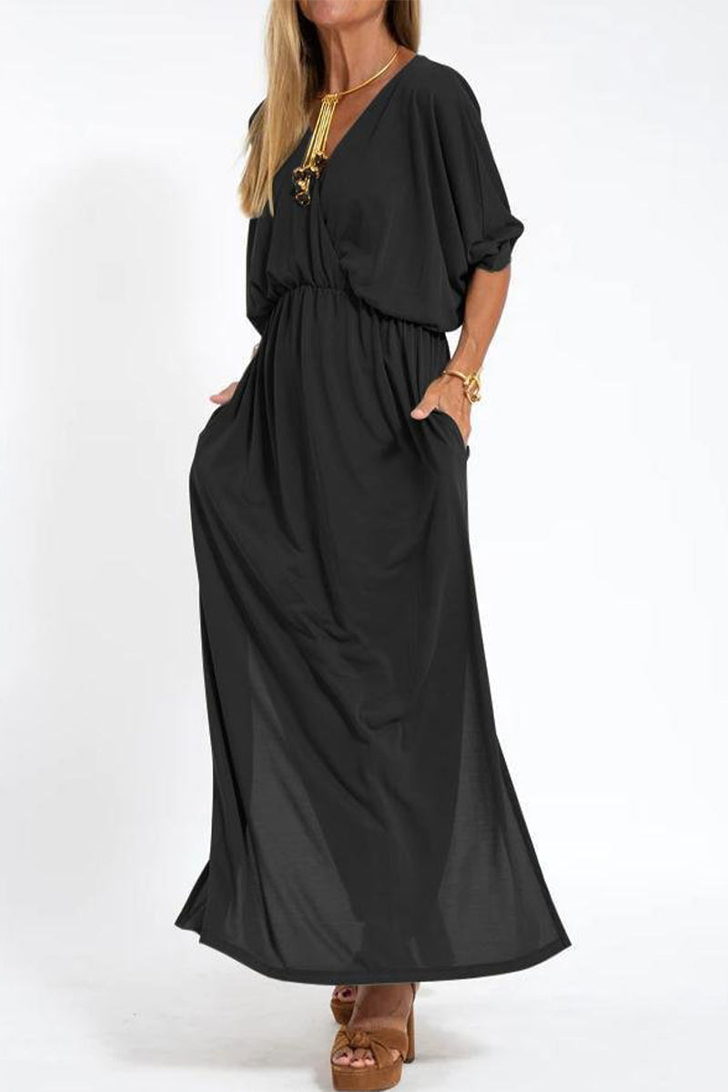 Nelly Exclusive Casual, , Solid Color, One Tier Skirt Dresses with Pocket Slit and V Neck Elevated Occasion Wear