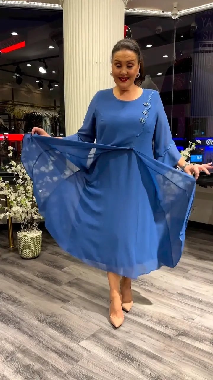 Chiffon Floral Applique Bell Sleeve Asymmetrical Tiered A-Line Midi Dress