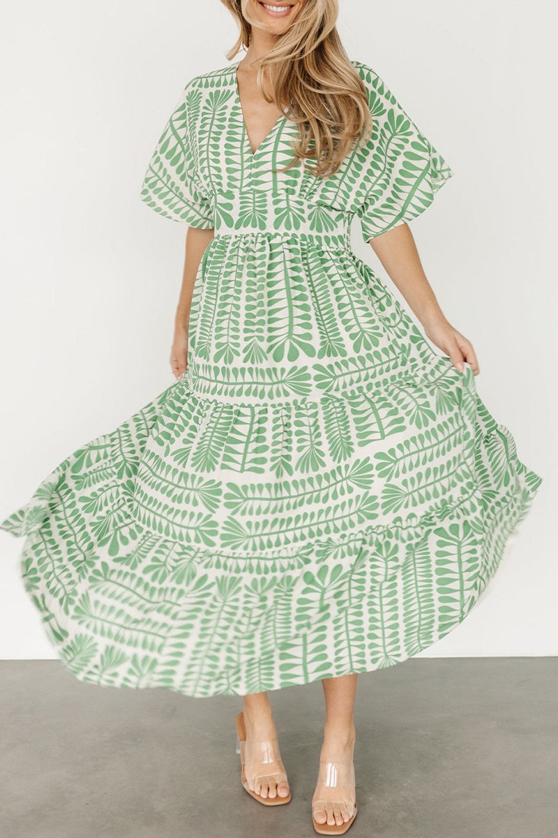 Geometric Print V-Neck Batwing Sleeve Tiered Boho Midi Dress
