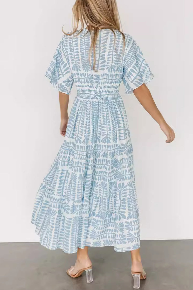 Geometric Print V-Neck Batwing Sleeve Tiered Boho Midi Dress