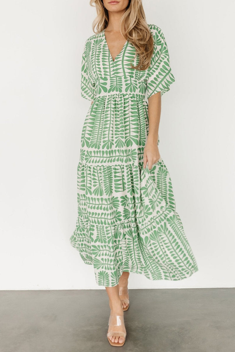 Geometric Print V-Neck Batwing Sleeve Tiered Boho Midi Dress