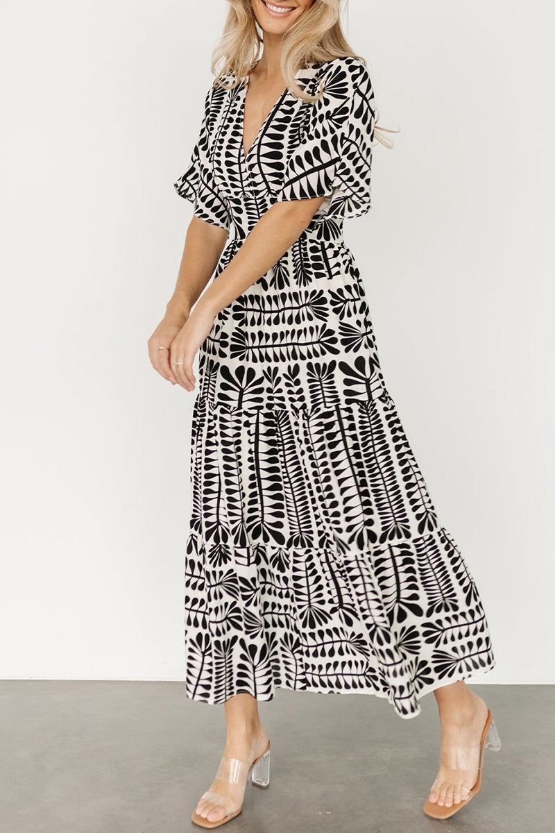 Geometric Print V-Neck Batwing Sleeve Tiered Boho Midi Dress