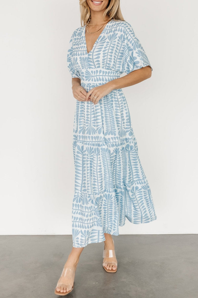 Geometric Print V-Neck Batwing Sleeve Tiered Boho Midi Dress
