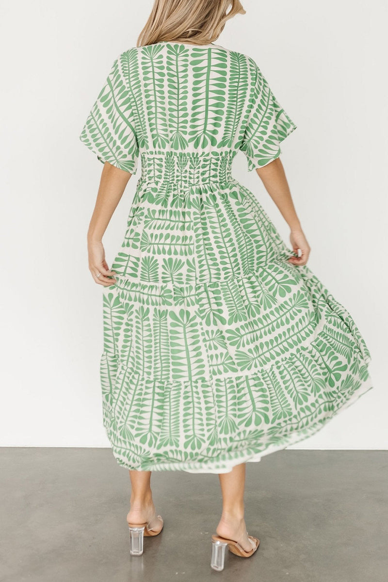 Geometric Print V-Neck Batwing Sleeve Tiered Boho Midi Dress