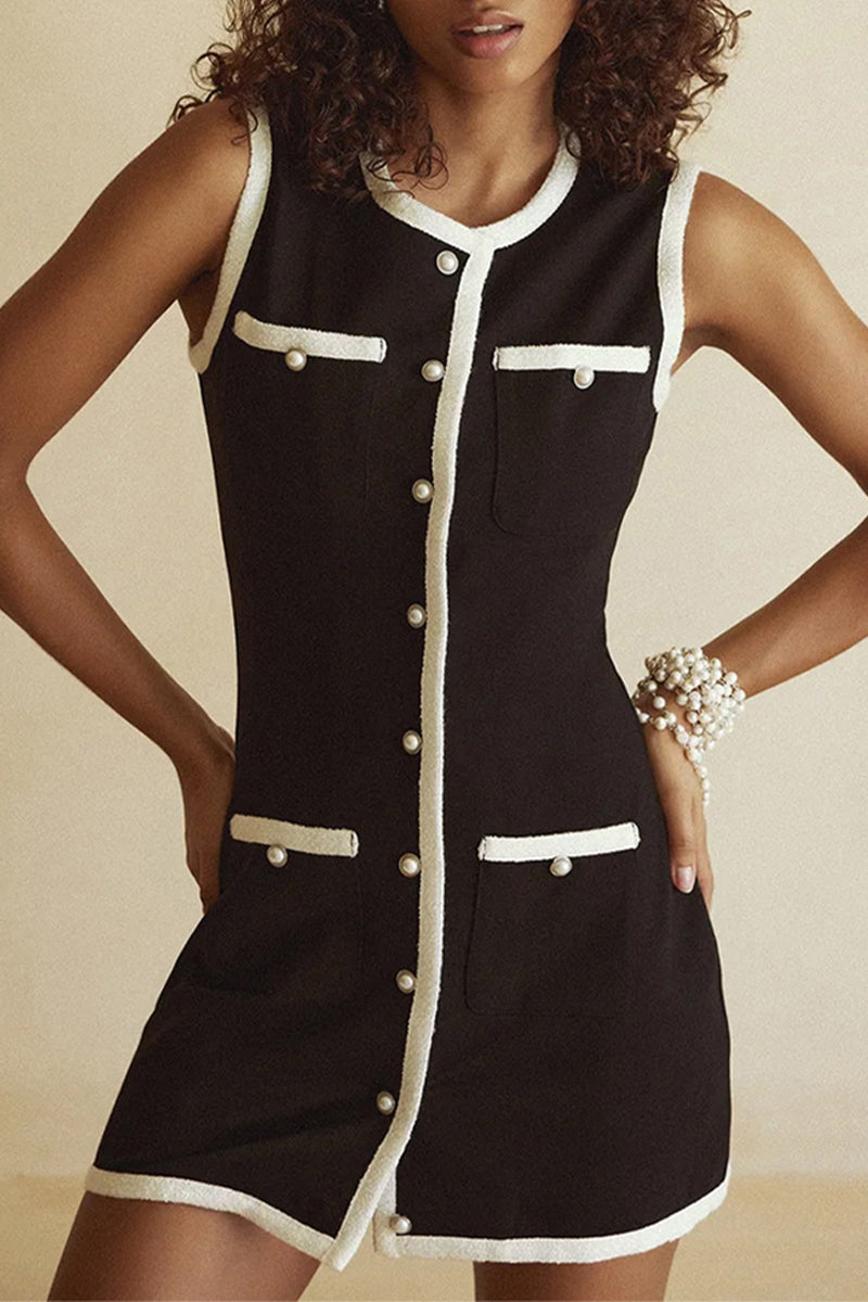 Sleeveless Pearl Button Contrast Trim Pocket Mini Dress