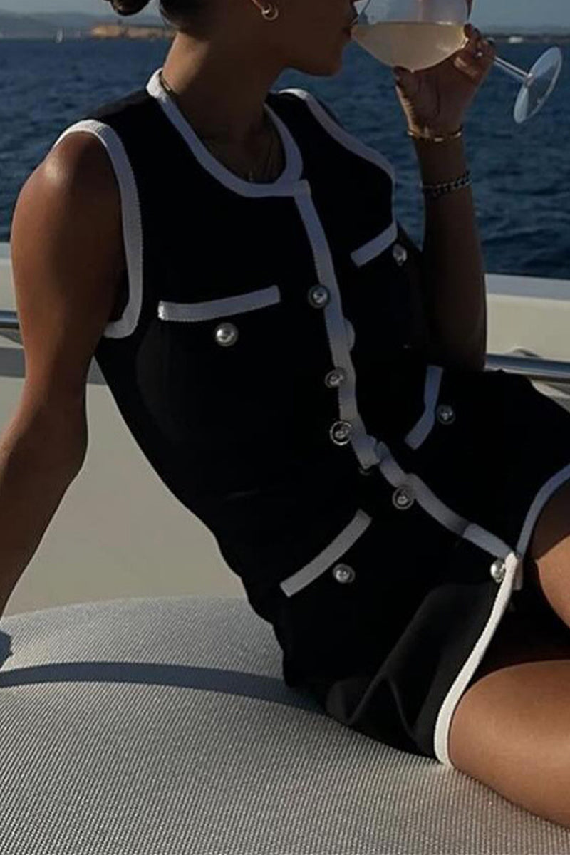 Sleeveless Pearl Button Contrast Trim Pocket Mini Dress