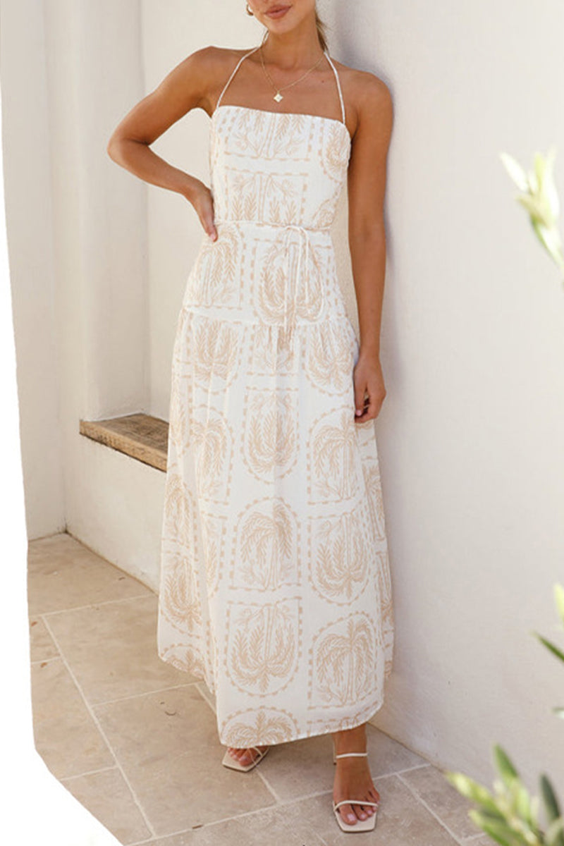 Straight Neck Backless Smocked Summer Beach Maxi Dress