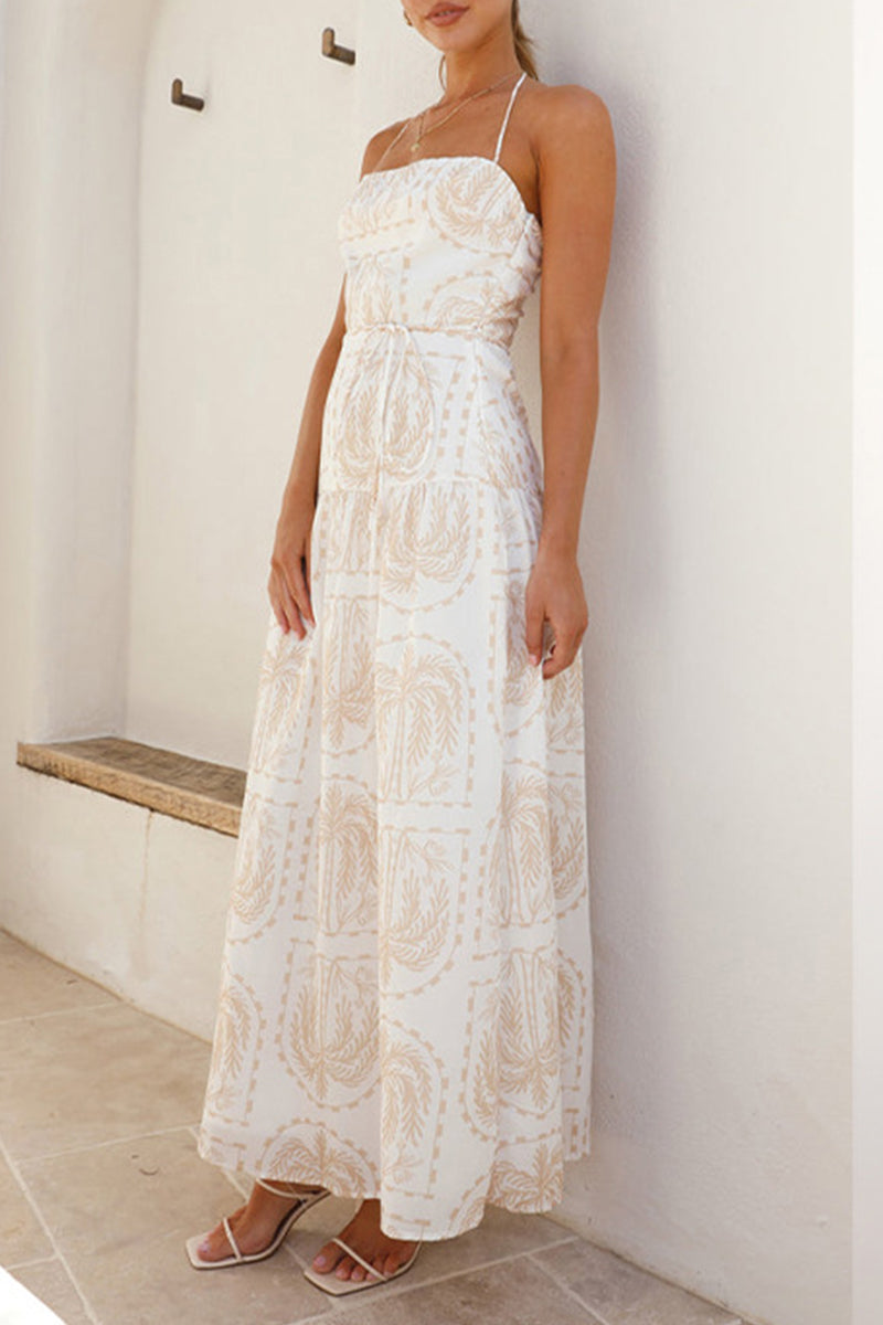Straight Neck Backless Smocked Summer Beach Maxi Dress
