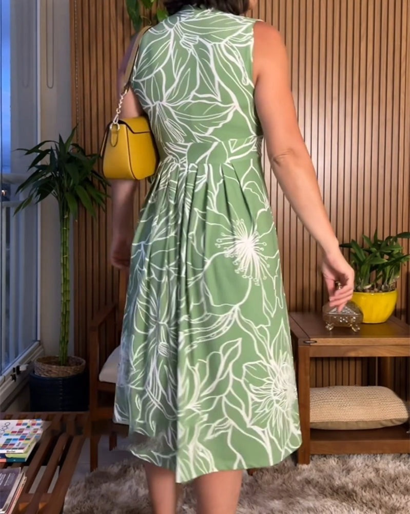 Floral Print Sleeveless Deep V-Neck Empire Waist Pleated Fit and Flare Midi Dress