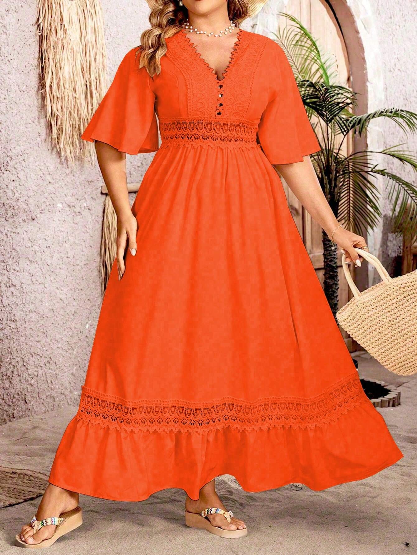 Deep V-Neck Crochet Lace Panel Flutter Sleeve Ruffle Hem Summer Maxi Gown