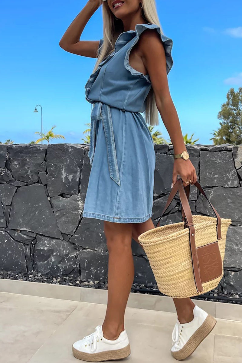 Deep V-Neck Sleeveless Ruffle Flutter Belted Button Front Denim Mini Dress