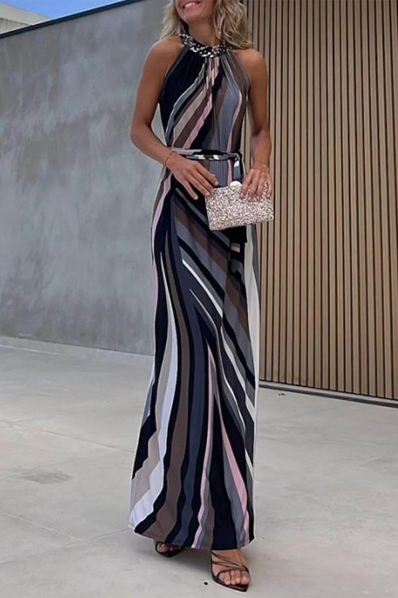 Embellished Halter Neck Geometric Stripe Tie Waist Maxi Dress