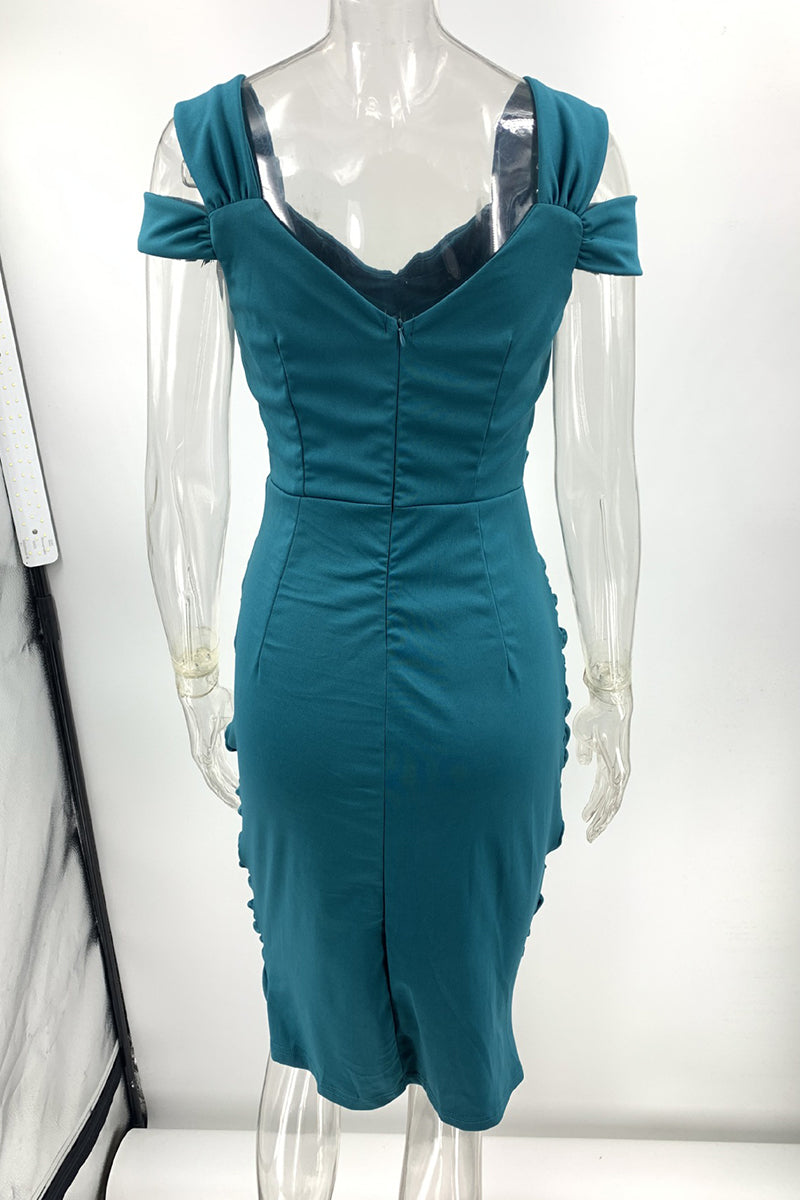 Off Shoulder V-Neck Ruched Wrap Bodice Bodycon Midi Dress