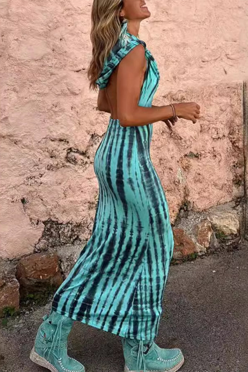 Tie Dye Cowl Neck Halter Backless Bodycon Maxi Dress