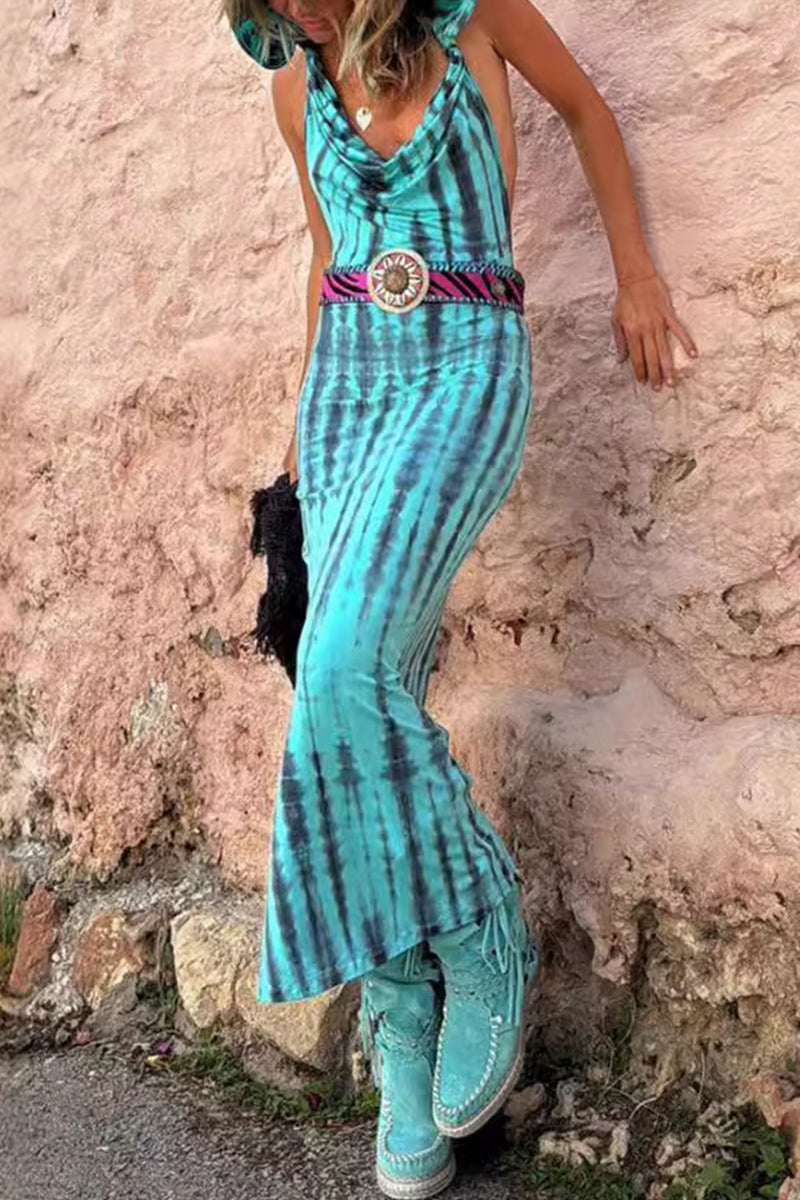 Tie Dye Cowl Neck Halter Backless Bodycon Maxi Dress