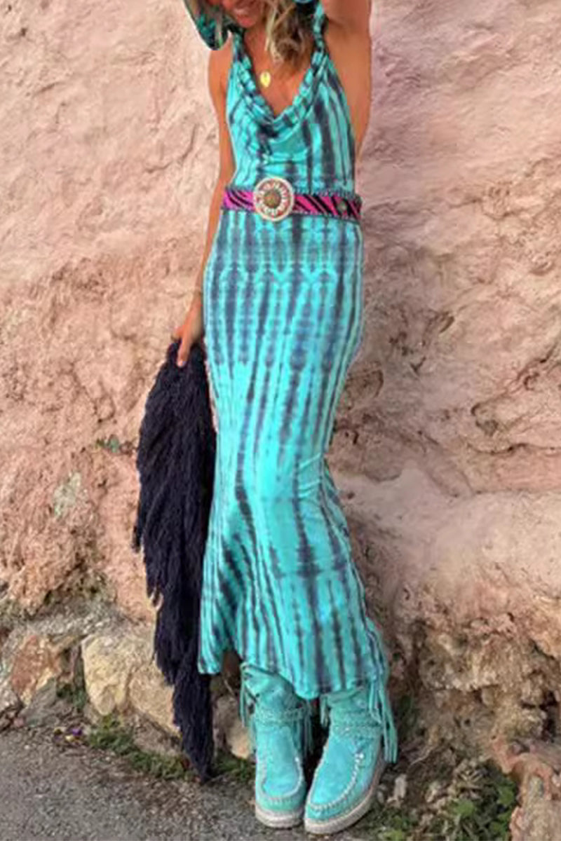 Tie Dye Cowl Neck Halter Backless Bodycon Maxi Dress