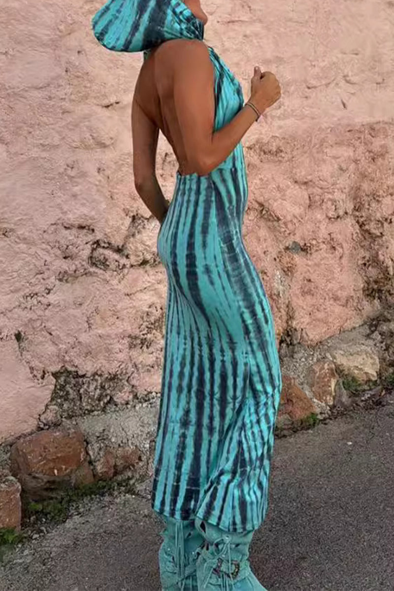 Tie Dye Cowl Neck Halter Backless Bodycon Maxi Dress