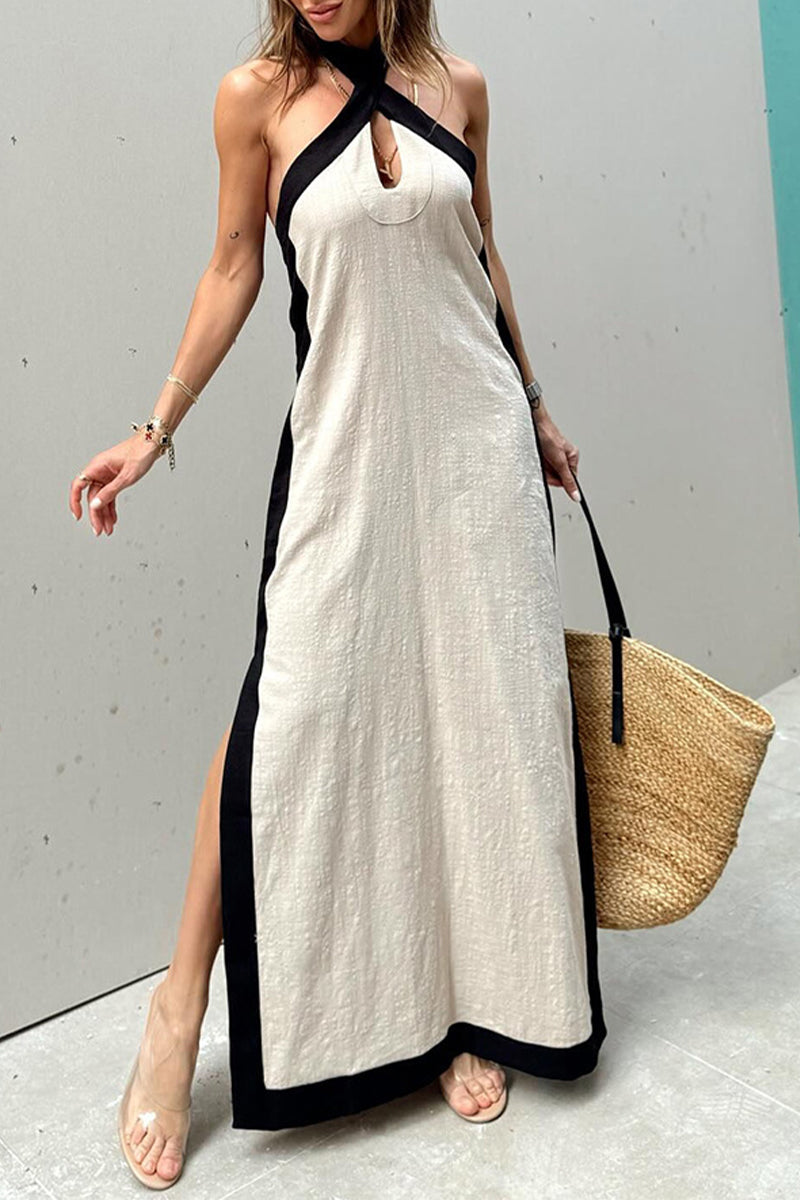 Cross Halter Keyhole Contrast Trim High Split Sleeveless Maxi Dress