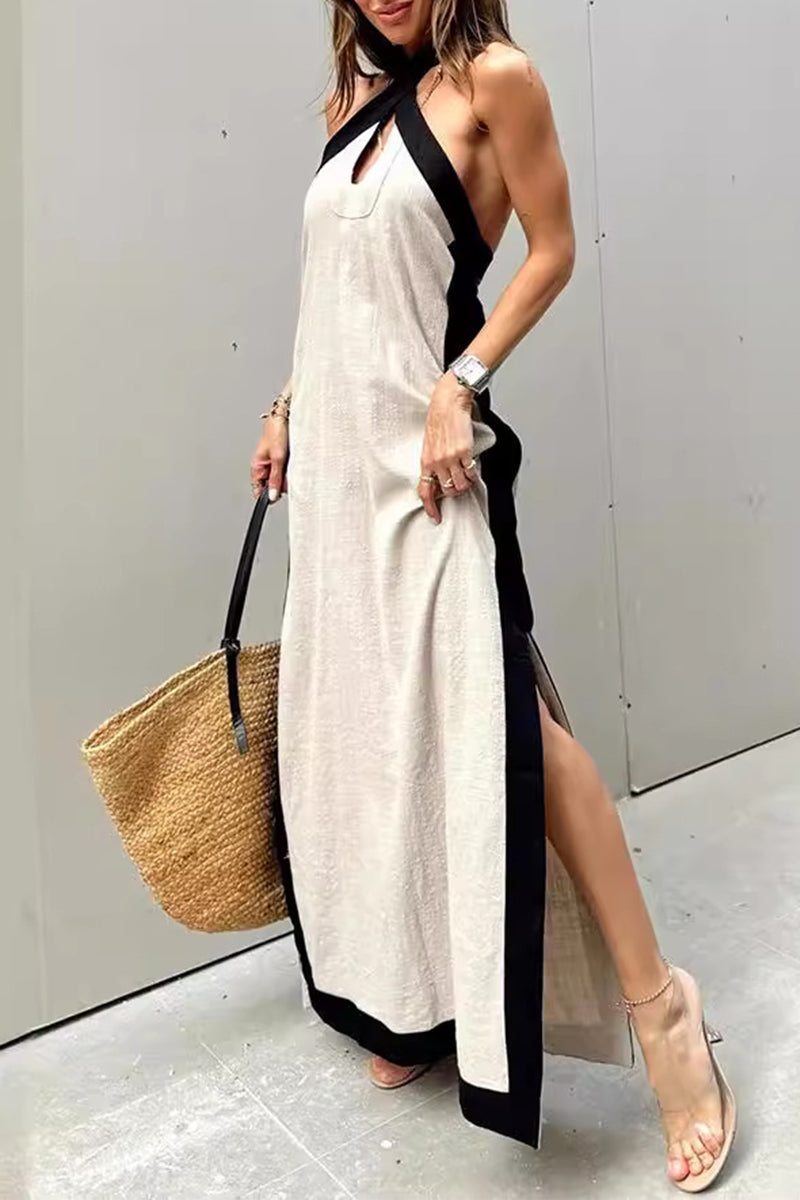 Cross Halter Keyhole Contrast Trim High Split Sleeveless Maxi Dress