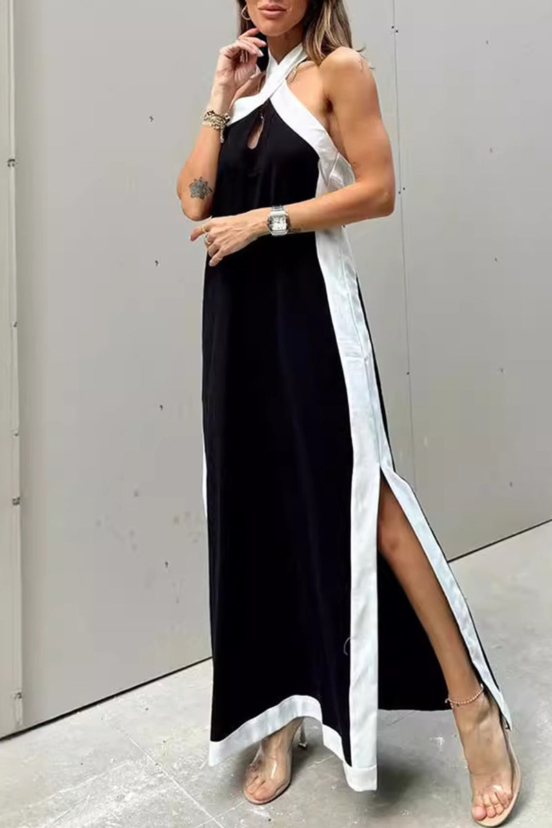 Cross Halter Keyhole Contrast Trim High Split Sleeveless Maxi Dress