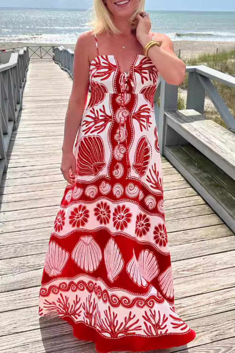 Spaghetti Strap V-Neck Shell Print Tiered Boho Maxi Summer Dress
