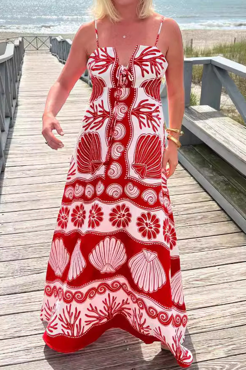 Spaghetti Strap V-Neck Shell Print Tiered Boho Maxi Summer Dress