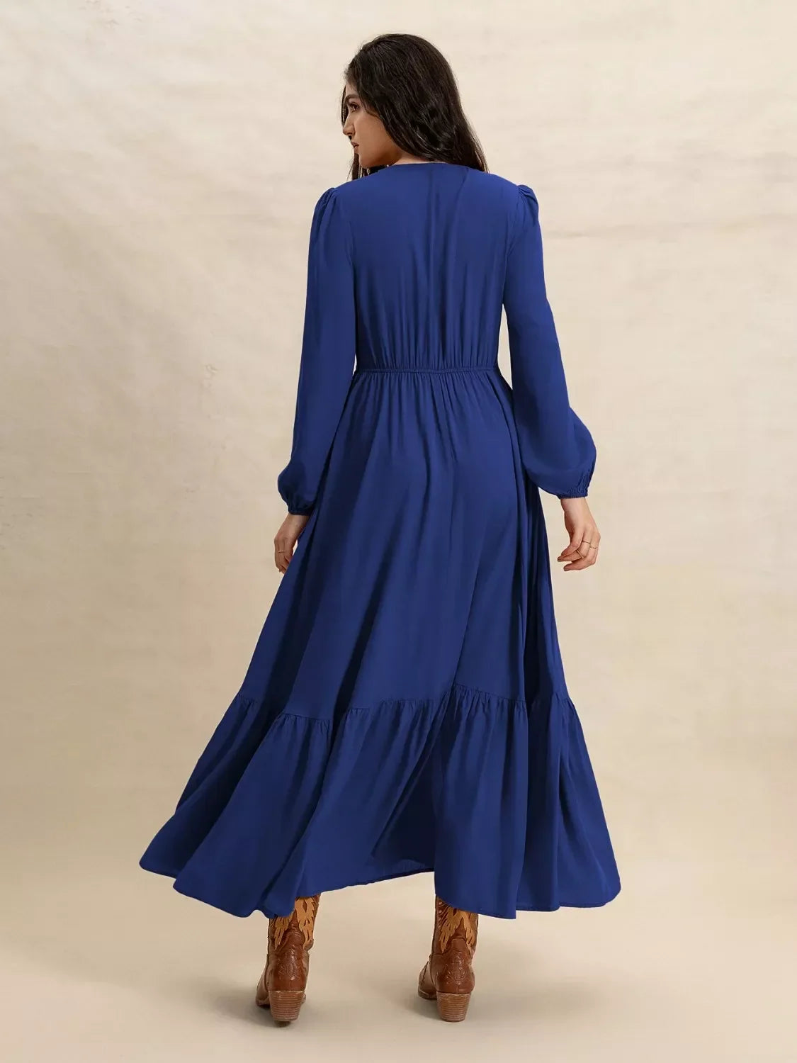 Lace Trim V-Neck Long Sleeve Button Front Tiered Maxi Dress 12