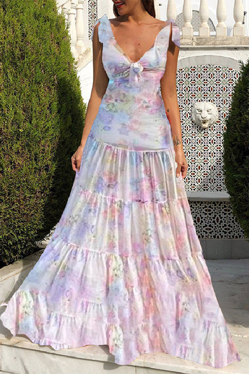 Sexy Floral Print Backless V Neck Sling Dresses