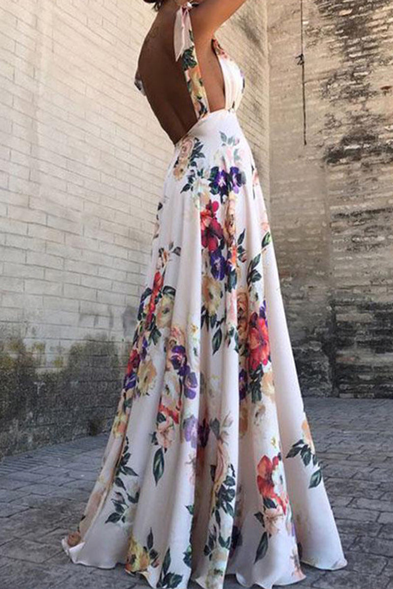 Sexy Floral Print Backless V Neck Sling Dresses