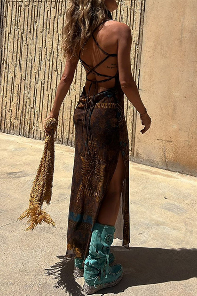 Valeria Chic Sling Dresses Geometric Print Backless Slit Strap Design (3 Colors) Designer Dress Edit