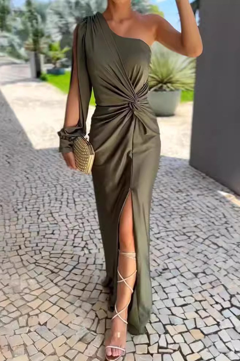 One Shoulder Split Sleeve Twisted Waist Ruched High Split Satin Maxi Gown