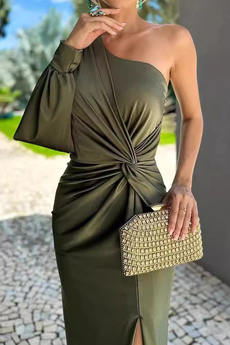 One Shoulder Split Sleeve Twisted Waist Ruched High Split Satin Maxi Gown