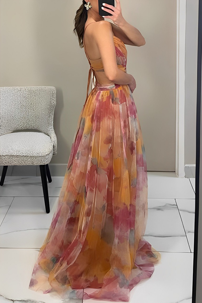 Abstract Watercolor Print Spaghetti Strap Deep V-Neck Cut Out Waist Tulle Maxi Gown