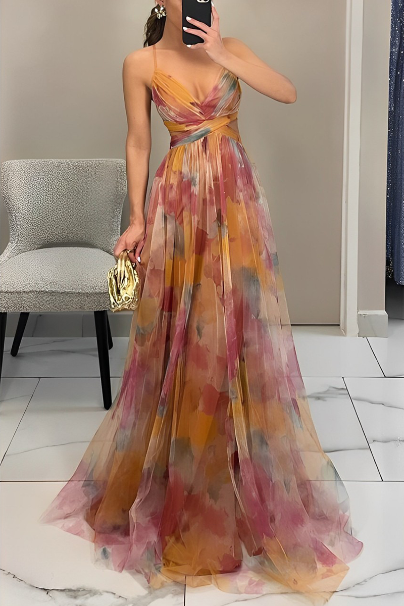 Abstract Watercolor Print Spaghetti Strap Deep V-Neck Maxi Gown