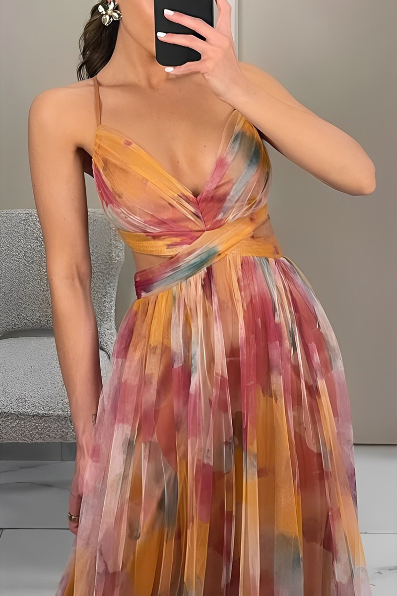 Abstract Watercolor Print Spaghetti Strap Deep V-Neck Cut Out Waist Tulle Maxi Gown