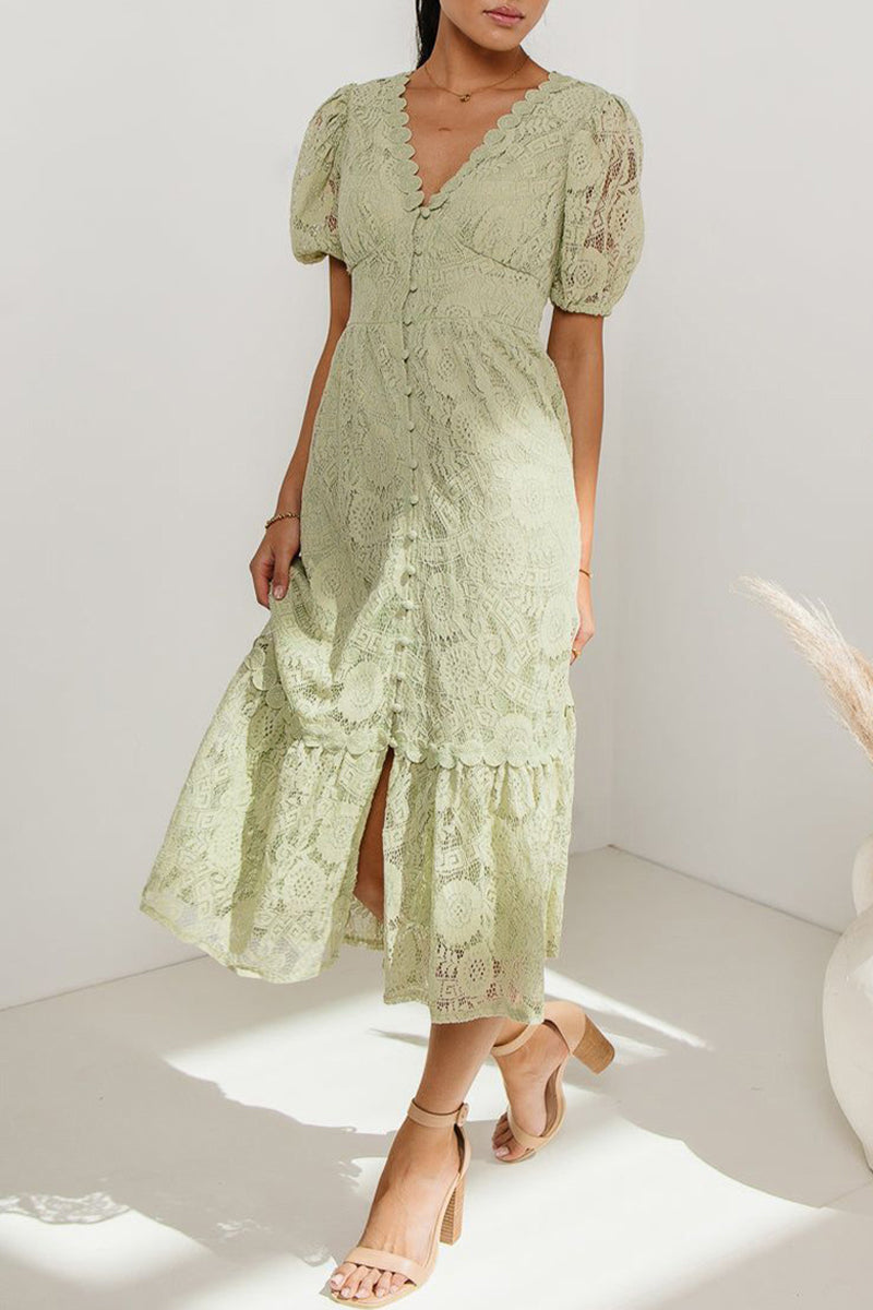Lace Deep V-Neck Puff Sleeve Button Front Tiered Ruffle Hem Midi Dress