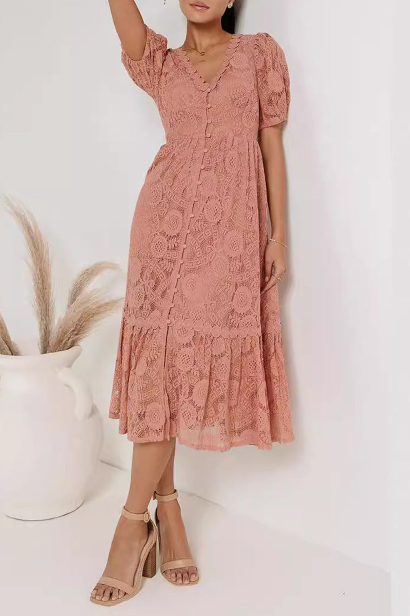 Lace Deep V-Neck Puff Sleeve Button Front Tiered Ruffle Hem Midi Dress