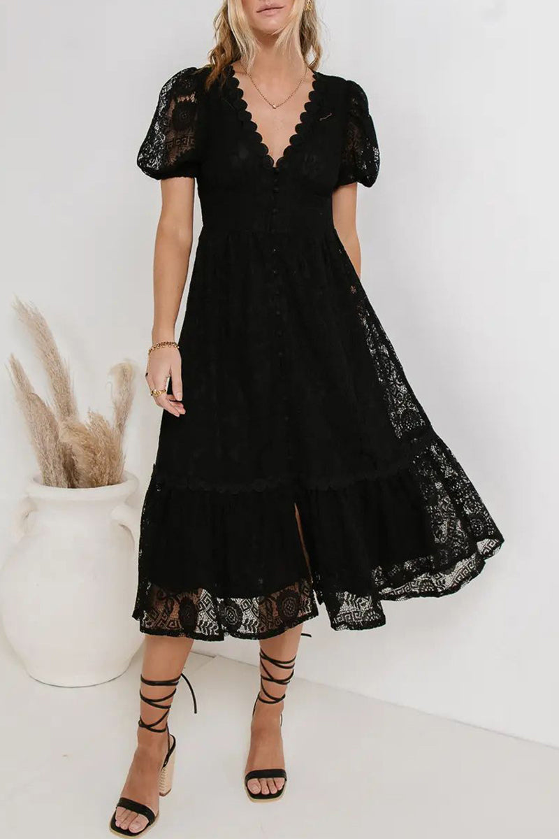 Lace Deep V-Neck Puff Sleeve Button Front Tiered Ruffle Hem Midi Dress