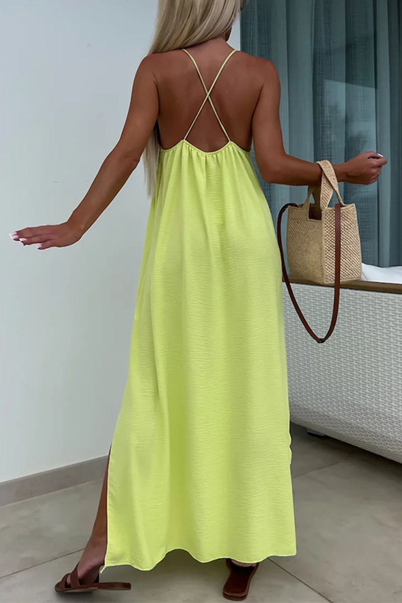 Casual Solid Color Backless Slit U Neck Sling Dresses(5 Colors)