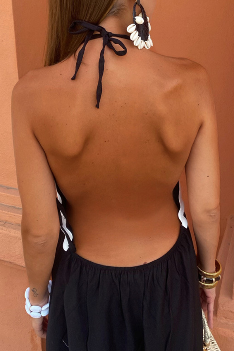 Halter Neck Deep V Backless Contrast Trim Maxi Summer Dress