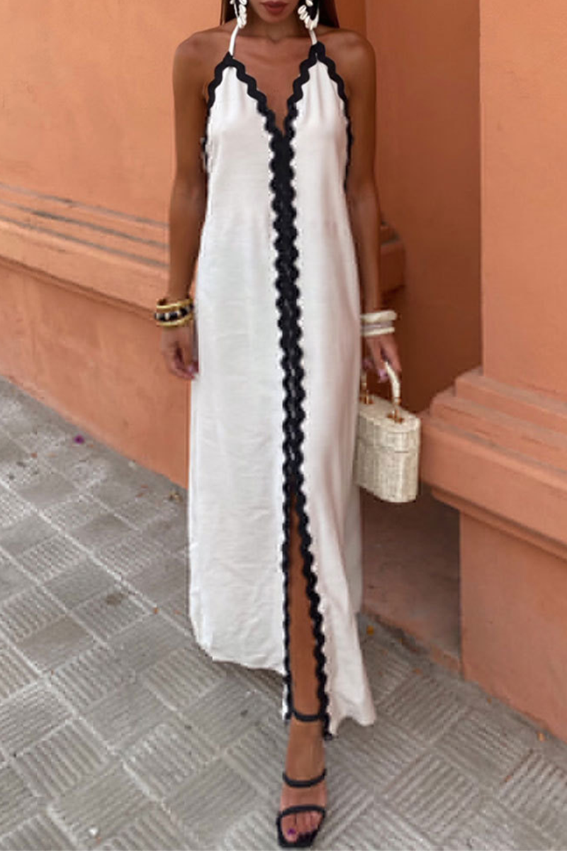 Halter Neck Deep V Backless Contrast Trim Maxi Summer Dress