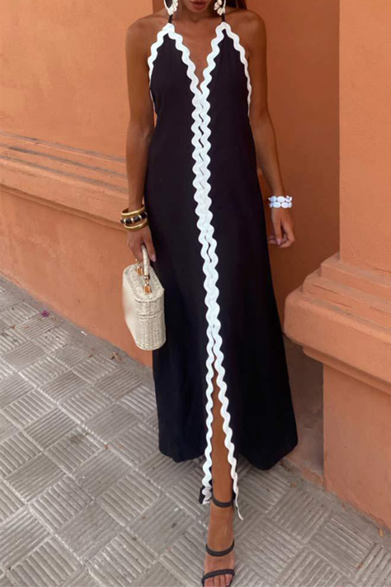 Halter Neck Deep V Backless Contrast Trim Maxi Summer Dress
