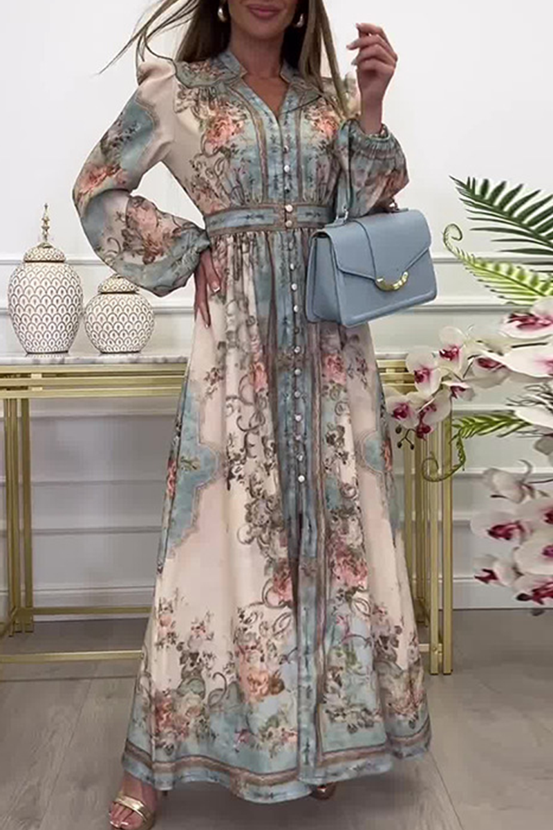 Floral Print V-Neck Long Sleeve Belted A-Line Maxi Dress