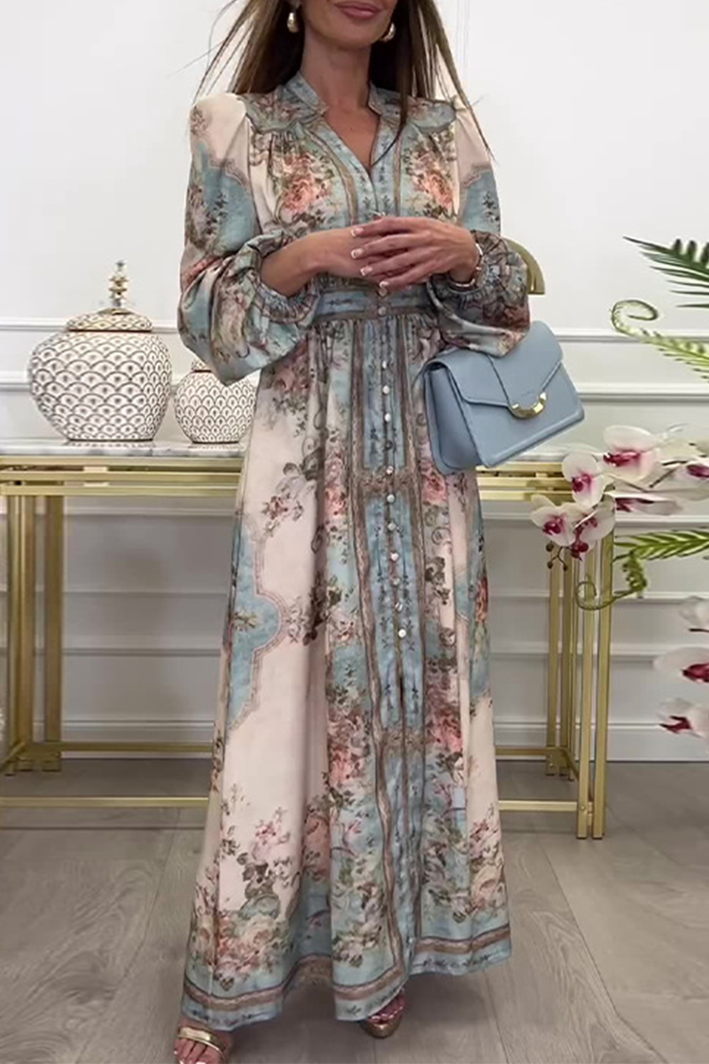Floral Print V-Neck Long Sleeve Belted A-Line Maxi Dress