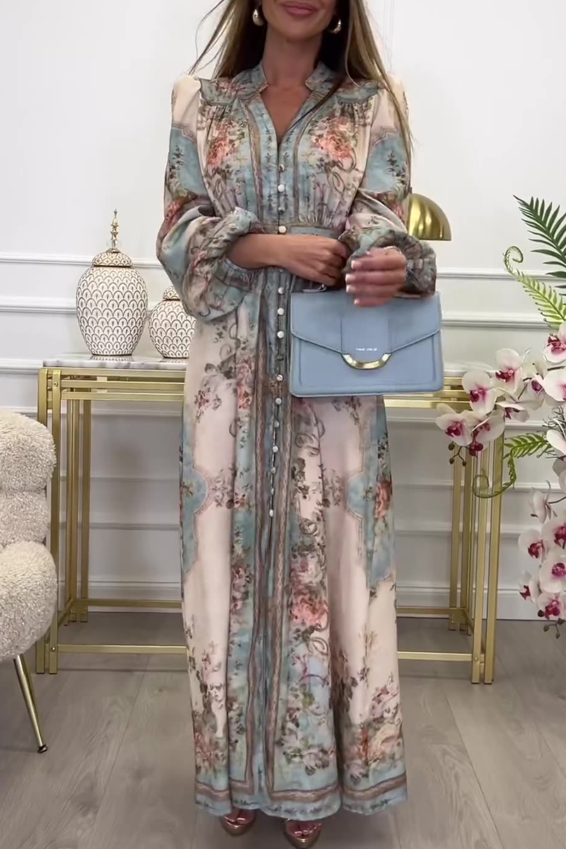 Floral Print V-Neck Long Sleeve Belted A-Line Maxi Dress
