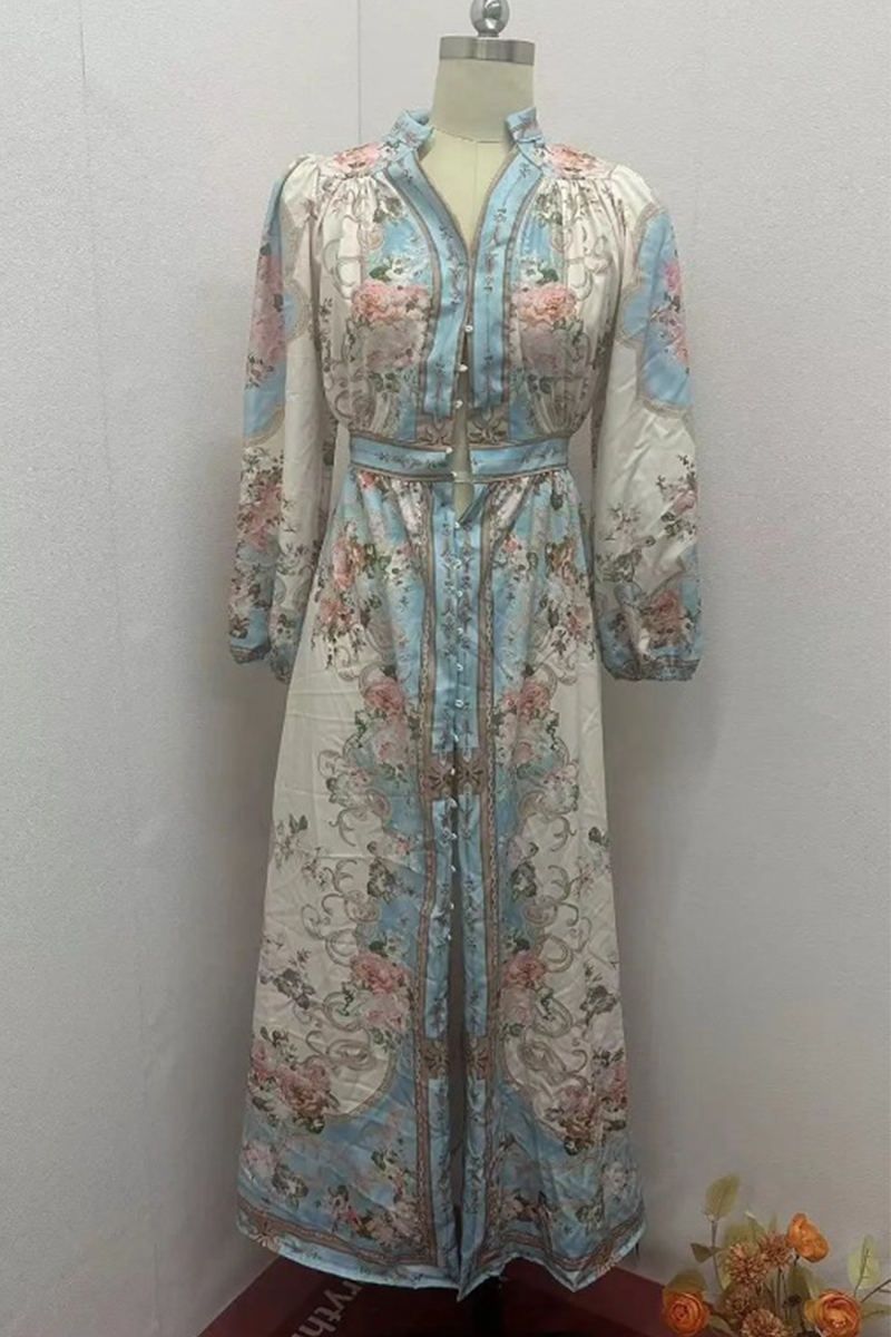 Floral Print V-Neck Long Sleeve Belted A-Line Maxi Dress