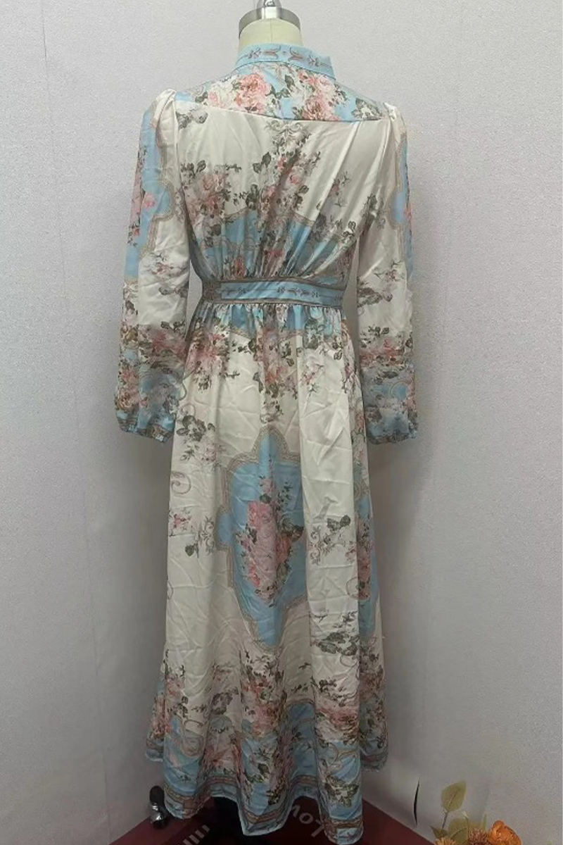 Floral Print V-Neck Long Sleeve Belted A-Line Maxi Dress