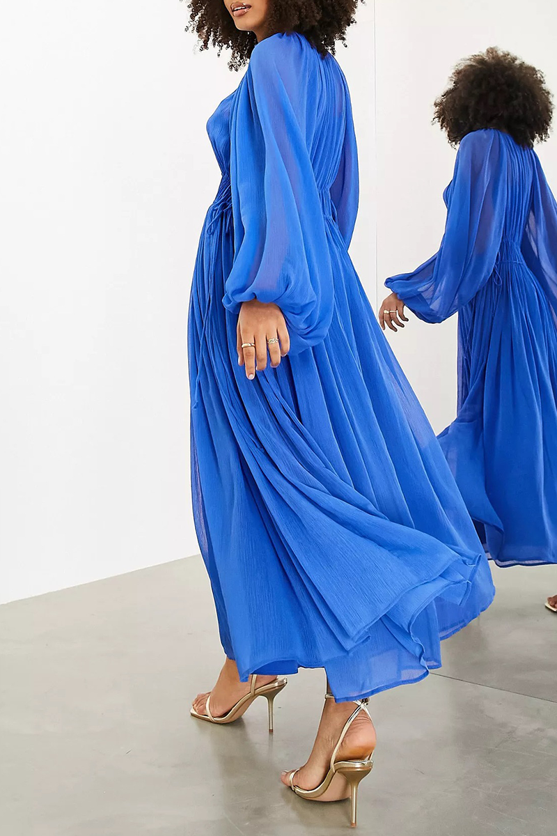 Deep V-Neck Lantern Sleeve Drawstring Waist Pleated Sheer Maxi Dress